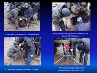 Установка фартука на устье скважины Установка распределительной балки на
шасси автомашины
Установка опорной головки на штангу
Установка четырех датчиков
перемещения и датчика силы
 