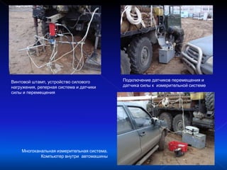 Винтовой штамп, устройство силового
нагружения, реперная система и датчики
силы и перемещения
Подключение датчиков перемещения и
датчика силы к измерительной системе
Многоканальная измерительная система.
Компьютер внутри автомашины
 