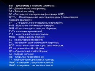 BJT - Дилатометр с жесткими штампами;
DP - Динамический пенетрометр;
SR - Soil/rock sounding;
SS - Статическое зондирование (например, WST);
CPT(U) - Пенетрационные испытания конусом ( с измерением
порового давления);
SPT - Стандартные пенетрационные испытания;
PMT - Испытания гибким прессиометром;
DMT - Испытания дилатометром Марчетти;
FVT - испытания крыльчаткой;
PLT - испытания плоским штампом;
MWD - измерения при бурении;
SE - сейсмические измерения;
PIL - испытания свай статической нагрузкой;
RDT - испытания скальных пород дилатометром;
PS - поршневой пробоотборник;
CS - обуривающий пробоотборник;
AS - буровая желонка;
OS – Открытый пробоотборник;
TP - пробоотборник для слабых грунтов;
GWO - измерения с открытой системой;
GWC - измерения с закрытой системой
 