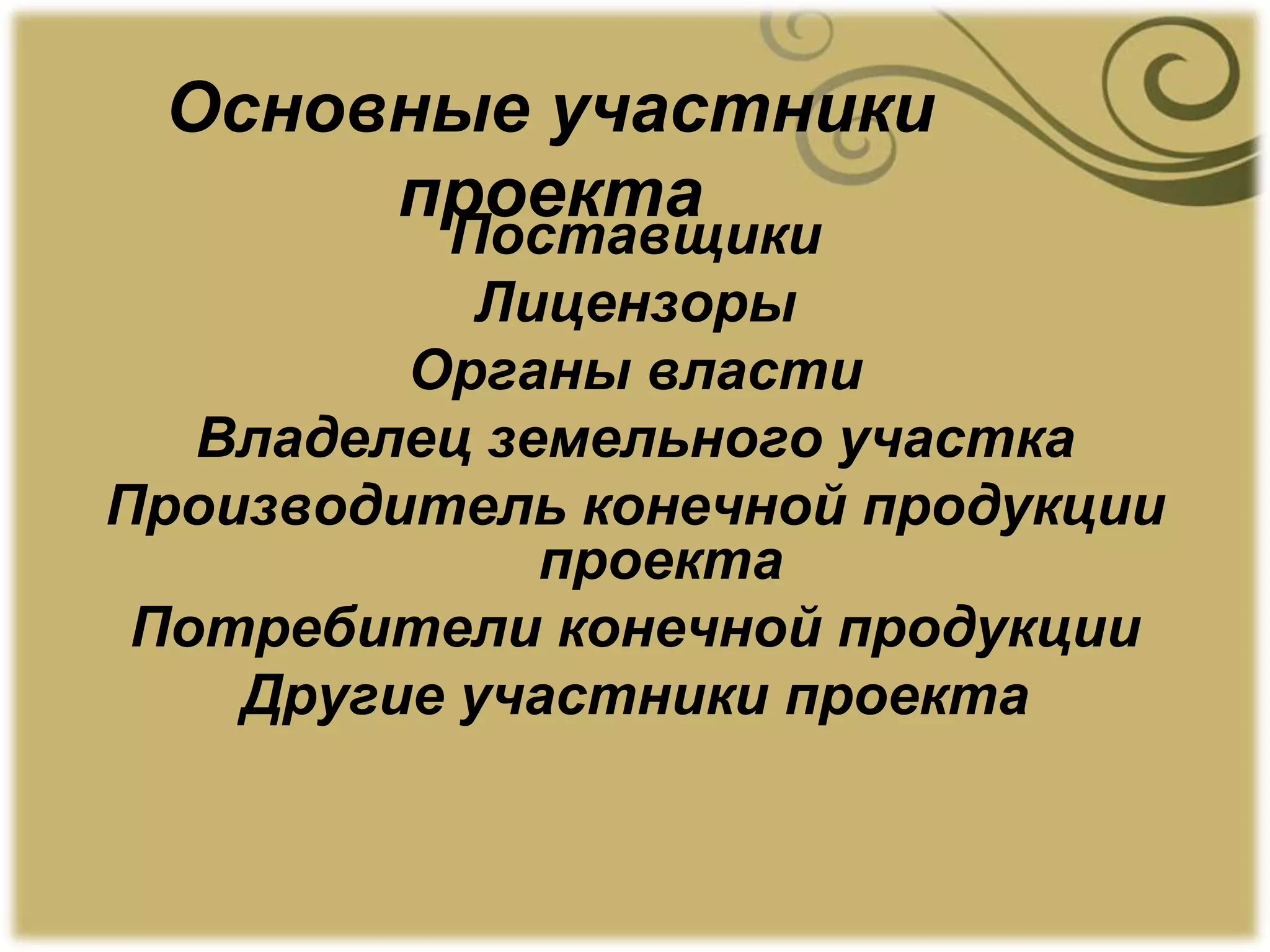 Основные участники
проекта
Поставщики
Лицензоры
Органы власти
Владелец земельного участка
Производитель конечной продукции
проекта
Потребители конечной продукции
Другие участники проекта
 