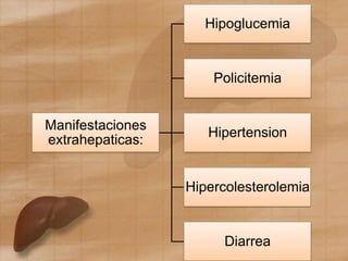 Manifestaciones
extrahepaticas:
Hipoglucemia
Policitemia
Hipertension
Hipercolesterolemia
Diarrea
 