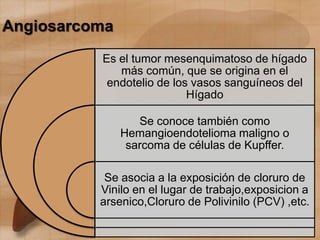 Angiosarcoma
Es el tumor mesenquimatoso de hígado
más común, que se origina en el
endotelio de los vasos sanguíneos del
Hígado
Se conoce también como
Hemangioendotelioma maligno o
sarcoma de células de Kupffer.
Se asocia a la exposición de cloruro de
Vinilo en el lugar de trabajo,exposicion a
arsenico,Cloruro de Polivinilo (PCV) ,etc.
 