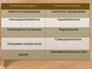 Tumores Benignos Tumores Malignos
Adenoma hepátocelular Carcinoma Hepatocelular
Hemangioendotelioma Hepatoblastoma
Hemangioma Cavernoso Angiosarcoma
Hiperplasia nodular focal
Colangiocarcinoma
Lipoma
Cistoadenocarcinoma biliar
 