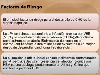Factores de Riesgo
El principal factor de riesgo para el desarrollo de CHC es la
cirrosis hepática.
Los Px con cirrosis secundaria a infección crónica por VHB
,VBC y la esteatohepatitis no alcohólica (EHNA),Alcoholismo
cronico,Hemocromatosis (Sobrecarga de hierro en el
cuerpo),enf hepática autonimune,estan expuestos a un mayor
riesgo de desarrollar carcinoma hepatocelular.
La exposicion a aflatoxina al consumir alimentos contaminados
por Aspergillus flavus en presencia de infección cronica por
HBV es una etiologia predominante en África y China que
conlleva a padecer CHC.
 