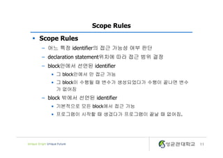 11
Scope Rules
§ Scope Rules
– 어느 특정 identifier의 접근 가능성 여부 판단
– declaration statement위치에 따라 접근 범위 결정
– block안에서 선언된 identifier
• 그 block안에서 만 접근 가능
• 그 block이 수행될 때 변수가 생성되었다가 수행이 끝나면 변수
가 없어짐
– block 밖에서 선언된 identifier
• 기본적으로 모든 block에서 접근 가능
• 프로그램이 시작할 때 생겼다가 프로그램이 끝날 때 없어짐.
 