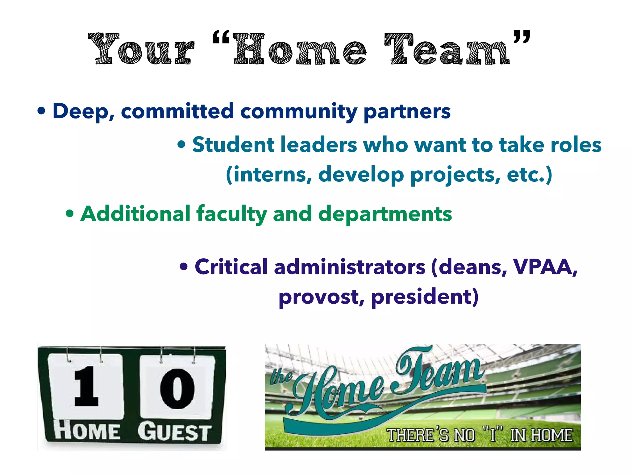 Your “Home Team”
• Deep, committed community partners
• Additional faculty and departments
• Student leaders who want to take roles
(interns, develop projects, etc.)
• Critical administrators (deans, VPAA,
provost, president)
 