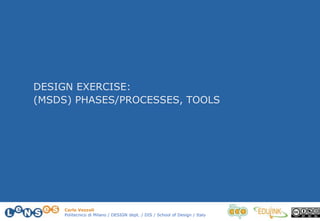 Carlo Vezzoli
Politecnico di Milano / DESIGN dept. / DIS / School of Design / Italy
DESIGN EXERCISE:
(MSDS) PHASES/PROCESSES, TOOLS
 