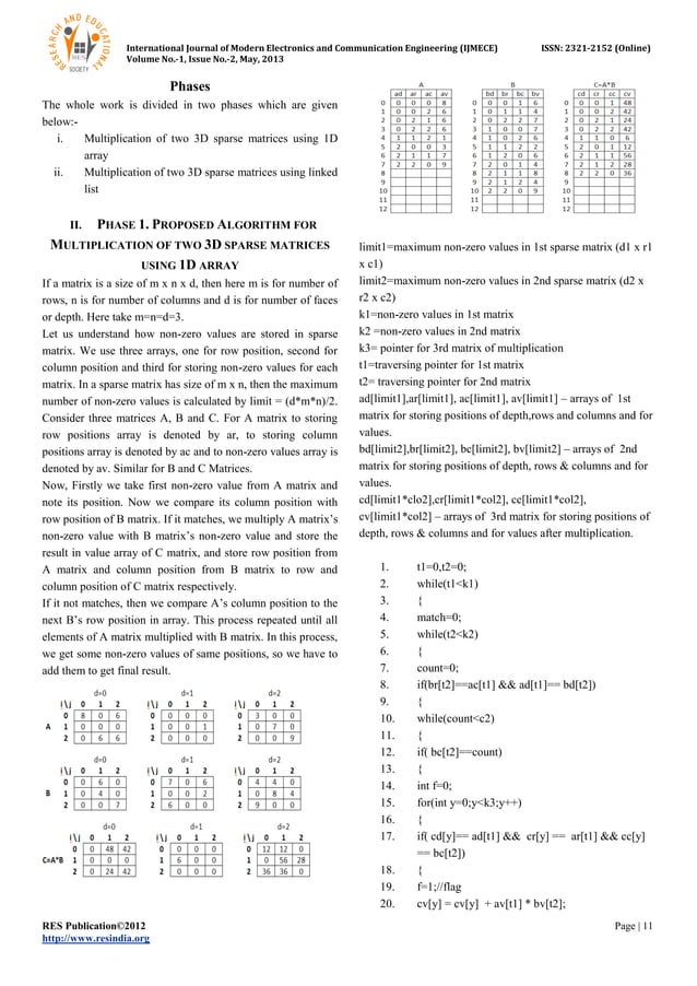 Multiplication of two 3 d sparse matrices using 1d arrays and linked ...