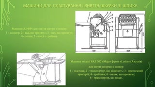 МАШИНИ ДЛЯ ПЛАСТУВАННЯ І ЗНЯТТЯ ШКУРКИ ЗІ ШПИКУ
Машини Я2-ФРІ для зняття шкури зі шпику:
1 - конвеєр; 2 - вал, що притягує; 3 - вал, що притягує;
4 - лотки; 5 - ніж;6 - гребінка.
Машина моделі VAZ 502 «Maja» фірми «Laska» (Австрія)
для зняття шкурки зі шпику:
1 - підстава; 2 - транспортер, що відводить; 3 - притискний
пристрій; 4 - гребінки; б - валик, що протягає;
6 - транспортер, що подає.
 