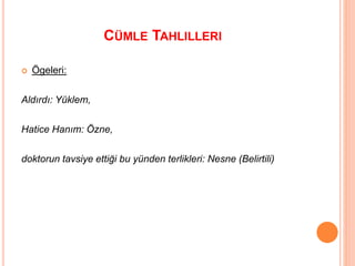 CÜMLE TAHLILLERI
 Ögeleri:
Aldırdı: Yüklem,
Hatice Hanım: Özne,
doktorun tavsiye ettiği bu yünden terlikleri: Nesne (Belirtili)
 
