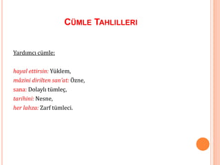 CÜMLE TAHLILLERI
Yardımcı cümle:
hayal ettirsin: Yüklem,
mâzini dirilten san’at: Özne,
sana: Dolaylı tümleç,
tarihini: Nesne,
her lahza: Zarf tümleci.
 