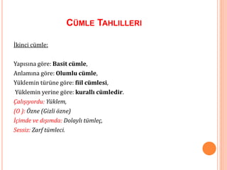 CÜMLE TAHLILLERI
İkinci cümle:
Yapısına göre: Basit cümle,
Anlamına göre: Olumlu cümle,
Yüklemin türüne göre: fiil cümlesi,
Yüklemin yerine göre: kurallı cümledir.
Çalışıyordu: Yüklem,
(O ): Özne (Gizli özne)
İçimde ve dışımda: Dolaylı tümleç,
Sessiz: Zarf tümleci.
 