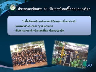LOGO
ประชาชนร๎อยละ 70 เป็นชาวไทยเชื้อสายกะเหรี่ยง
ในพื้นที่เขตบริการประชาชนมีวัฒนธรรมที่แตกตํางกัน
- อพยพมาจากภาคตําง ๆ ของประเทศ
- เดินทางมาจากตํางประเทศเพื่อมาประกอบอาชีพ
 