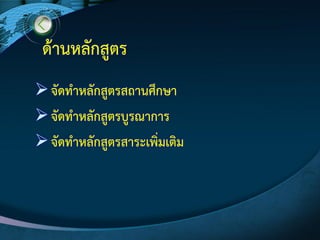 ด๎านหลักสูตร
จัดทาหลักสูตรสถานศึกษา
จัดทาหลักสูตรบูรณาการ
จัดทาหลักสูตรสาระเพิ่มเติม
 