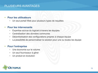PLUSIEURS AVANTAGES
 Pour les utilisateurs
 Un seul portail Web pour plusieurs types de requêtes
 Pour les intervenants
 Expertise accrue du logiciel à travers les équipes
 Centralisation des données communes
 Décentralisation des configurations propres à chaque équipe
 La possibilité de personnaliser la solution pour une ou toutes les équipe
 Pour l’entreprise
 Une économie sur le volume
 Un seul fournisseur à gérer
 Un produit en évolution
15
 