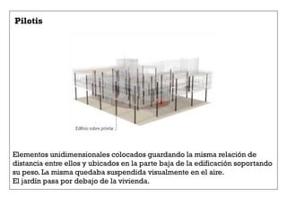 Pilotis
Elementos unidimensionales colocados guardando la misma relación de
distancia entre ellos y ubicados en la parte baja de la edificación soportando
su peso. La misma quedaba suspendida visualmente en el aire.
El jardín pasa por debajo de la vivienda.
 