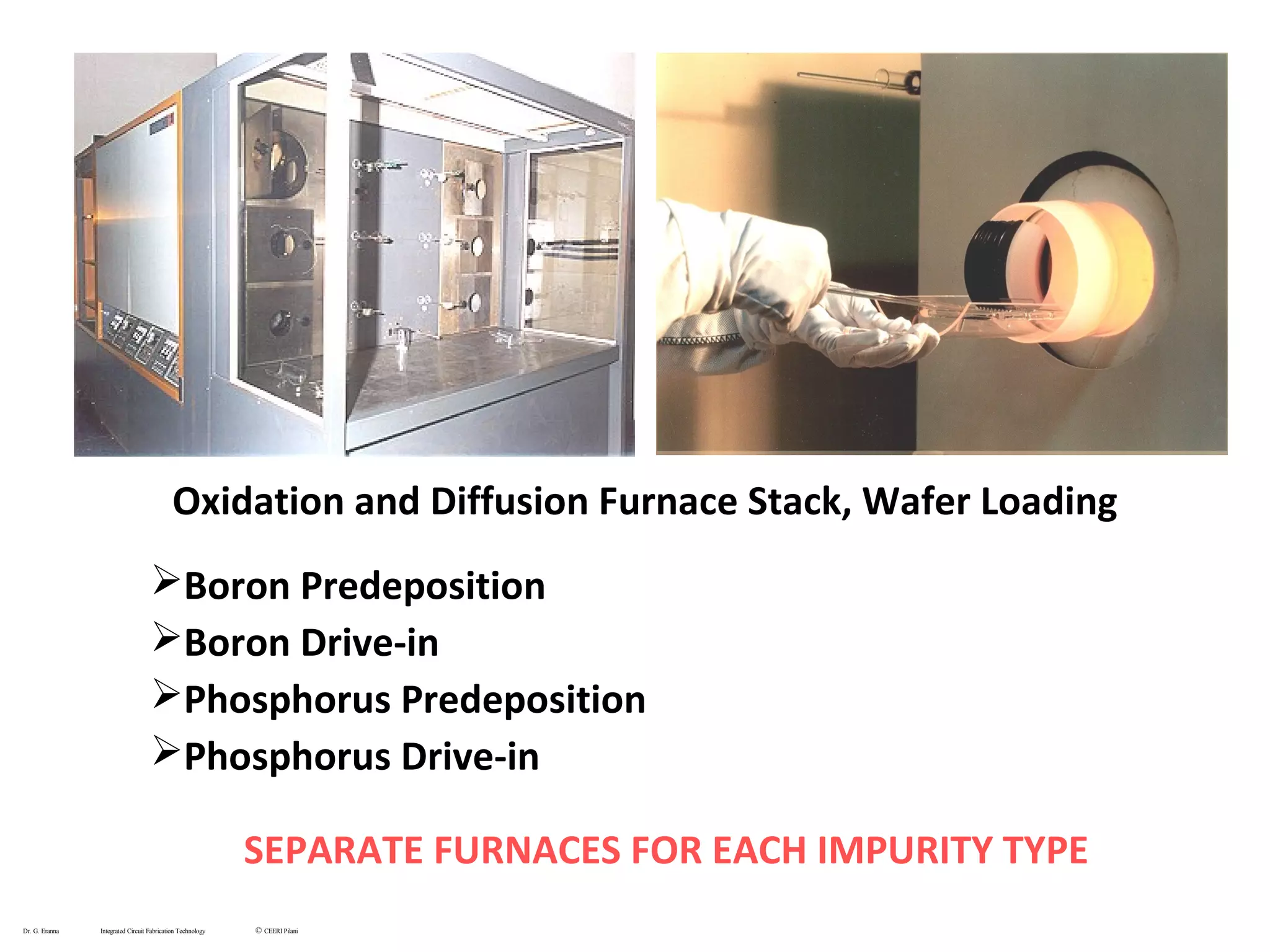 Oxidation and Diffusion Furnace Stack, Wafer Loading
Boron Predeposition
Boron Drive-in
Phosphorus Predeposition
Phosphorus Drive-in
SEPARATE FURNACES FOR EACH IMPURITY TYPE
Dr. G. Eranna Integrated Circuit Fabrication Technology © CEERI Pilani
 