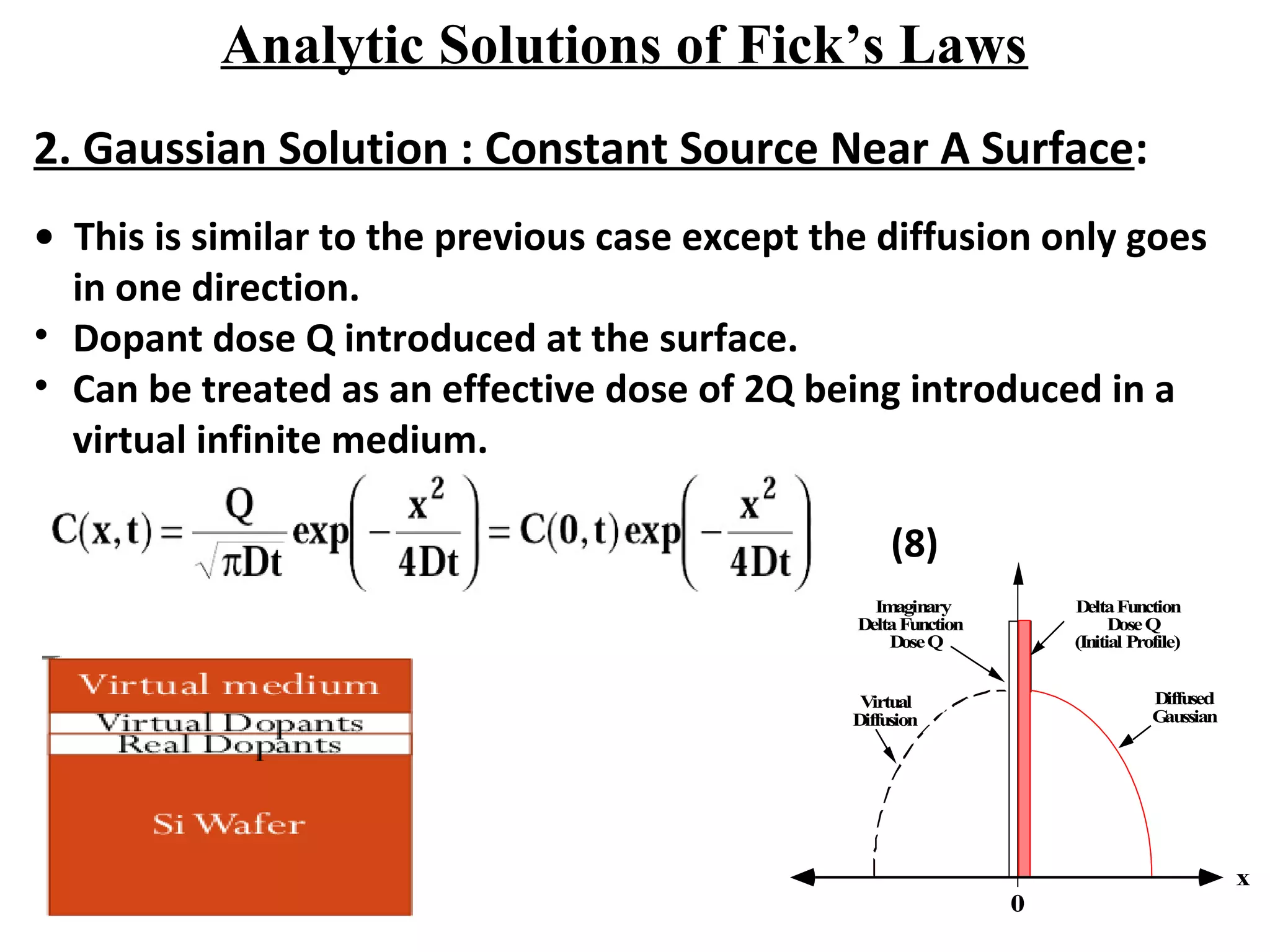 2. Gaussian Solution : Constant Source Near A Surface:
Analytic Solutions of Fick’s Laws
• This is similar to the previous case except the diffusion only goes
in one direction.
• Dopant dose Q introduced at the surface.
• Can be treated as an effective dose of 2Q being introduced in a
virtual infinite medium.
DeltaFunction
DoseQ
(Initial Profile)
Imaginary
DeltaFunction
DoseQ
Diffused
Gaussian
Virtual
Diffusion
x
0
(8)
 