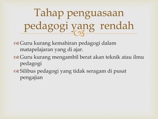
Tahap penguasaan
pedagogi yang rendah
 Guru kurang kemahiran pedagogi dalam
matapelajaran yang di ajar.
 Guru kurang mengambil berat akan teknik atau ilmu
pedagogi
 Silibus pedagogi yang tidak seragam di pusat
pengajian
 