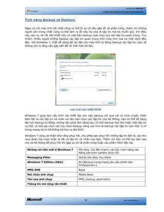 www.microsoft.com.vn12
Hệ điều hành WINDOWS 7
NHỮNG TÍNH NĂNG HỮU ÍCH CHO NGƯỜI DÙNG CUỐI
Tính năng Backup và Restore:
Ngay cả với máy tính tốt nhất cũng có thể bị sự cố nếu gặp lỗi về phần cứng, thậm chí những
người cẩn trọng nhất cũng có thể làm ra lỗi nếu họ xóa đi tập tin mà họ muốn giữ. Khi điều
này xảy ra, sẽ rất cần thiết nếu có một bản backup (sao lưu) của các tập tin quan trọng. Tuy
nhiên, nhiều người không backup các tập tin quan trong trên máy tính của họ một cách đều
đặn. Với Windows 7, thật dễ dàng để cài đặt cho máy tính tự động backup các tập tin, bạn sẽ
không còn lo lắng nếu gặp vấn đề về mất mát dữ liệu.
Lưu trữ vào USB/DVD
Windows 7 giúp bạn cấu hình các thiết lập cho việc backup chỉ qua vài cú click chuột, nhận
diện tất cả các tập tin cá nhân và nếu bạn chọn các tập tin của hệ thống, bạn có thể dễ dàng
lập lịch backup tự động, không cần phải làm bằng tay, có thể backup mọi thứ hoặc một tập tin
cụ thể, có thể lựa chọn các tùy chọn backup nâng cao như là backup các tập tin vào một vị trí
trong mạng và từ hệ thống ad-hoc ra đĩa DVD.
Windows 7 cũng cải thiện khả năng phục hồi, cho phép bạn phục hồi những tập tin đơn lẻ, các thư
mục được lựa chọn hoặc là tất cả tập tin cá nhân của bạn. Thậm chí bạn có thể tạo bản sao
cho cả hệ thống để phục hồi khi gặp sự cố về phần cứng hoặc các phần mềm độc hại.
Những cải tiến mới ở Windows 7 Mở rộng. Cài đặt nhanh, các tùy chọn nâng cao.
Nâng cao kinh nghiệm phục hồi.
Messaging Pillar Works the Way You Want
Windows 7 Edition (SKU) All (Backup trong mạng yêu cầu phiên bản
Professional+)
PMG SME Byee
Nơi chứa ảnh chụp Media Bank
Tên của ảnh chụp PMG_backup_destination
Thông tin mở rộng cần thiết
 