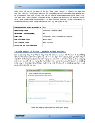 www.microsoft.com.vn25
Hệ điều hành WINDOWS 7
NHỮNG TÍNH NĂNG HỮU ÍCH CHO NGƯỜI DÙNG CUỐI
nhân, họ có thể tạo một thư việc mới đặt tên: “Real Estate Photos”. Và nếu như bạn đang làm
việc, bạn thậm chí có thể thêm nội dung tập trung vào máy chủ mạng vào Libraries của bạn.
Bộ lọc tìm kiếm, được thiết kế theo từng loại thư viện sẽ giúp tìm kiếm mọi thứ dễ dàng. Ví dụ,
Thư viện nhạc (Music Library) cung cấp bộ lọc tìm kiếm mặc định cho việc tìm các Album,
Artist (nghệ sĩ) và Genre (thể loại nhạc). Thư viện hình ảnh (Pictures Library) cung cấp bộ lọc
tìm kiếm theo Date taken (ngày tháng chụp), các Tag, và Type (thể loại).
Những cải tiến mới ở Windows 7 Mới.
Messaging Pillar Simplifies Everyday Tasks
Windows 7 Edition (SKU) All
PMG SME Consumer: Byee; Commercial: Anthons
Nơi chứa ảnh chụp Media Bank
Tên của ảnh chụp PMG_libraries
Thông tin mở rộng cần thiết
Tự nhận biết vị trí máy in (Location Aware Printing):
Bạn có sử dụng máy in tại nhà và máy in tại nơi làm việc không? Với Windows 7, bạn không
cần phải lựa chọn vị trí máy in phù hợp với vị trí của bạn. Thay vào đó, bạn lựa chọn máy in
mặc định (Default printer) cho mỗi vị trí mạng, bạn cấu hình và Windows 7 sẽ tự động sử dụng
máy in khi bạn kết nối vào mạng. Do đó, khi bạn in ấn tại nơi làm việc, Windows 7 sẽ tự động
in tại máy in ở nơi bạn làm, khi bạn muốn in tại nhà, Windows 7 sẽ tự động lựa chọn và sử
dụng máy in tại nhà của bạn.
Thiết lập máy in mặc định cho mỗi vị trí mạng
 