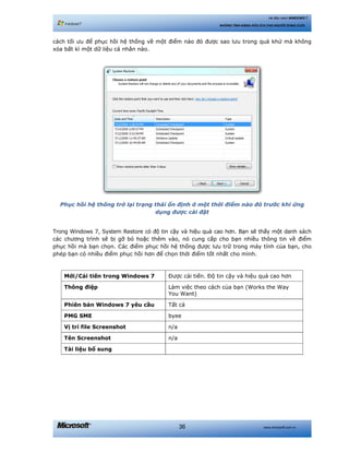 www.microsoft.com.vn36
Hệ điều hành WINDOWS 7
NHỮNG TÍNH NĂNG HỮU ÍCH CHO NGƯỜI DÙNG CUỐI
cách tối ưu để phục hồi hệ thống về một điểm nào đó được sao lưu trong quá khứ mà không
xóa bất kì một dữ liệu cá nhân nào.
Phục hồi hệ thống trở lại trạng thái ổn định ở một thời điểm nào đó trước khi ứng
dụng được cài đặt
Trong Windows 7, System Restore có độ tin cậy và hiệu quả cao hơn. Bạn sẽ thấy một danh sách
các chương trình sẽ bị gỡ bỏ hoặc thêm vào, nó cung cấp cho bạn nhiều thông tin về điểm
phục hồi mà bạn chọn. Các điểm phục hồi hệ thống được lưu trữ trong máy tính của bạn, cho
phép bạn có nhiều điểm phục hồi hơn để chọn thời điểm tốt nhất cho mình.
Mới/Cải tiến trong Windows 7 Được cải tiến. Độ tin cậy và hiệu quả cao hơn
Thông điệp Làm việc theo cách của bạn (Works the Way
You Want)
Phiên bản Windows 7 yêu cầu Tất cả
PMG SME byee
Vị trí file Screenshot n/a
Tên Screenshot n/a
Tài liệu bổ sung
 