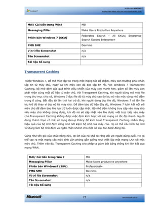 www.microsoft.com.vn77
Hệ điều hành WINDOWS 7
NHỮNG TÍNH NĂNG HỮU ÍCH CHO NGƯỜI DÙNG CUỐI
Mới/ Cải tiến trong Win7 Mới
Messaging Pillar Make Users Productive Anywhere
Phiên bản Windows 7 (SKU)
Federated Search – All SKUs; Enterprise
Search Scopes Enterprise+
PMG SME Devrimo
Vị trí file Screenshot n/a
Tên Screenshot n/a
Tài liệu bổ sung
Transparent Caching
Trước Windows 7, để mở một tập tin trong một mạng tốc độ chậm, máy con thường phải nhận
tập tin từ máy chủ, ngay cả khi máy con đã đọc tập tin rồi. Với Windows 7 Transparent
Caching, bộ nhớ đệm của quá trình điều khiển của máy con mạnh hơn, giảm số lần máy con
phải nhận cùng một dữ liệu từ máy chủ. Với Transparent Caching, khi người dùng mở một file
trong thư mục chia sẻ, Windows 7 đọc file đó từ máy chủ sau đó lưu nó vào một vùng nhớ đệm
trong ổ cứng. Bắt đầu từ lần thứ hai trở đi, khi người dùng đọc file đó, Windows 7 sẽ lấy file
lưu trữ đó thay vì đọc nó từ máy chủ. Để đảm bảo dữ liệu đầy đủ, Windows 7 luôn kết nối với
máy chủ để đảm bảo file lưu trữ luôn được cập nhật. Bộ nhớ đệm không truy cập vào máy chủ
nếu máy chủ không dùng được, khi đó nó sẽ cập nhật vào file được viết trực tiếp vào máy
chủ.Transparent Caching không được mặc định kích hoạt với các mạng có tốc độ nhanh. Người
dùng thành thạo có thể sử dụng Group Policy để kích hoạt Transparent Caching nhằm tăng
hiệu quả của bộ nhớ đệm cũng như tiết kiệm bộ nhớ của máy con. Họ có thể cấu hình bộ nhớ
sử dụng làm bộ nhớ đệm và ngăn chặn khônh cho một số loại file được đồng bộ.
Cũng như tên gọi của chức năng này, lợi ích của nó khá rõ ràng đối với người dùng cuối. Họ có
thể tạo ra một mạng các máy tính văn phòng gần giống như thiết lập một mạng LAN tới một
máy chủ. Thêm vào đó, Transparent Caching cho phép ta giảm bớt băng thông khi liên kết qua
mạng WAN.
Mới/ Cải tiến trong Win 7 Mới
Messaging Pillar Make Users productive anywhere
Phiên bản Windows7 (SKU) Professional+
PMG SME Devrimo
Vị trí file Screenshot n/a
Tên Screenshot n/a
Tài liệu bổ sung
 