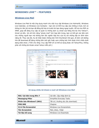 www.microsoft.com.vn86
Hệ điều hành WINDOWS 7
NHỮNG TÍNH NĂNG HỮU ÍCH CHO NGƯỜI DÙNG CUỐI
WINDOWS LIVE™ - FEATURES
Windows Live Mail
Windows Live Mail là một ứng dụng mạnh cho việc truy cập Windows Live Hotmail®, Windows
Live Calendar, và Windows Live Contacts – bạn còn có thể truy cập vào những e-mail, lịch và
thông tin liên hệ mà bạn đã đồng bộ hóa từ trước khi bạn đang ngoại tuyến. Hỗ trợ cho POP và
IMAP, giúp dễ dàng truy cập và quản lý những dịch vụ email của hãng thứ ba như Yahoo!*,
Gmail và AOL. Và với tính năng “photo mail” tích hợp bên trong, bạn có thể gửi các tấm ảnh
cho những người bạn mà không làm tắc nghẽn hộp thư của họ với những tập tin đính kèm
nặng nề. Thay vào đó, họ sẽ nhận được những bức hình thumbnail nhỏ gọn, đi kèm với đường
link để download dễ dàng những tấm ảnh gốc hoặc xem những bức hình được trình chiếu dưới
dạng slide show. (*Ghi chú rằng: truy cập POP chỉ có thể sử dụng được với Yahoo!Plus, không
phải với những tài khoản email Yahoo miễn phí.)
Sử dụng nhiều tài khoản e-mail với Windows Live Mail
Mới/ Cải tiến trong Win 7 Cải tiến. Cập nhập định kỳ
Messaging Pillar Simplifies Everyday Tasks
Phiên bản Windows7 (SKU) Tất cả ( thường yêu cầu download)
PMG SME Chajone
Vị trí file Screenshot Windows Live Screenshots
Tên Screenshot Mail_inbox_72dpi
Tài liệu bổ sung Windows Live Essentials
 