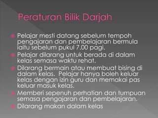  Pelajar mesti datang sebelum tempoh
pengajaran dan pembelajaran bermula
iaitu sebelum pukul 7.00 pagi.
 Pelajar dilarang untuk berada di dalam
kelas semasa waktu rehat.
 Dilarang bermain atau membuat bising di
dalam kelas. Pelajar hanya boleh keluar
kelas dengan izin guru dan memakai pas
keluar masuk kelas.
 Memberi sepenuh perhatian dan tumpuan
semasa pengajaran dan pembelajaran.
 Dilarang makan dalam kelas
 