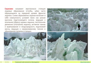 2013/2014 Спортивный клуб альпинистов «Восхождение»33 http://climb-club.ru
Cераками называют вертикально стоящие
ледовые образования (столбы, зубы) часто
образующиеся на передней кромке (фронте)
ледника. Схема образования сераков включает в
себя совокупность условий таких как резкая
крутизна подстилающего склона, ведущая к
осыпанию (сбросу) кромки ледника, постепенное
движение (сползание) ледника, активное таяние
и выветривание и неоднородность ледниковой
массы, ведущая к неравномерному таянию и
образованию промоин и трещин.
 