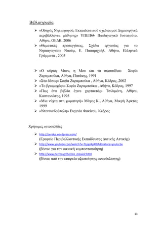      
 
13 
 
Βιβλιογραφία
 «Οδηγός Νηπιαγωγού, Εκπαιδευτικού σχεδιασμοί Δημιουργικά
περιβάλλοντα μάθησης» ΥΠΕΠΘ- Παιδαγωγικό Ινστιτούτο,
Αθήνα, ΟΕΔΒ, 2006
 «Θεματικές προσεγγίσεις, Σχέδια εργασίας για το
Νηπιαγωγείο» Ναούμ, Ε. Παπαμιχαήλ, Αθήνα, Ελληνικά
Γράμματα , 2005
 «Ο κύριος Μπεν, η Μου και τα σκουπίδια» Σοφία
Ζαραμπούκα, Αθήνα, Πατάκης, 1991
 «Στο δάσος» Σοφία Ζαραμπούκα , Αθήνα, Κέδρος ,2002
 «Το βρωμοχώρι» Σοφία Ζαραμπούκα , Αθήνα, Κέδρος, 1997
 «Πως ένα βιβλίο έγινε χαρταετός» Τσιλιμένη, Αθήνα,
Καστανιώτης, 1995
 «Μια νύχτα στη χωματερή» Μάγος Κ., Αθήνα, Μικρή Άρκτος
1999
 «Ντενεκεδούπολη» Ευγενία Φακίνου, Κέδρος
Χρήσιμες ιστοσελίδες
 http://perekp.wordpress.com/
(Γραφείο Περιβαλλοντικής Εκπαίδευσης Δυτικής Αττικής)
 http://www.youtube.com/watch?v=7LpgvXpX0IA&feature=youtu.be
(βίντεο για την οικιακή κομποστοποίηση)
 http://www.herrco.gr/herrco_movie2.html
(βίντεο από την εταιρεία αξιοποίησης ανακύκλωσης)
 
 