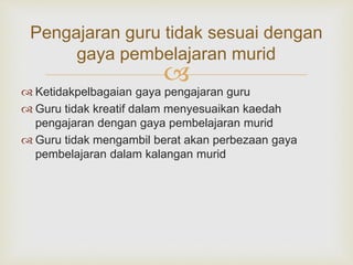 
Pengajaran guru tidak sesuai dengan
gaya pembelajaran murid
 Ketidakpelbagaian gaya pengajaran guru
 Guru tidak kreatif dalam menyesuaikan kaedah
pengajaran dengan gaya pembelajaran murid
 Guru tidak mengambil berat akan perbezaan gaya
pembelajaran dalam kalangan murid
 