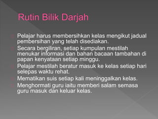 Pelajar harus membersihkan kelas mengikut jadual
pembersihan yang telah disediakan.
Secara bergiliran, setiap kumpulan mestilah
menukar informasi dan bahan bacaan tambahan di
papan kenyataan setiap minggu.
Pelajar mestilah beratur masuk ke kelas setiap hari
selepas waktu rehat.
Mematikan suis setiap kali meninggalkan kelas.
Menghormati guru iaitu memberi salam semasa
guru masuk dan keluar kelas.
 