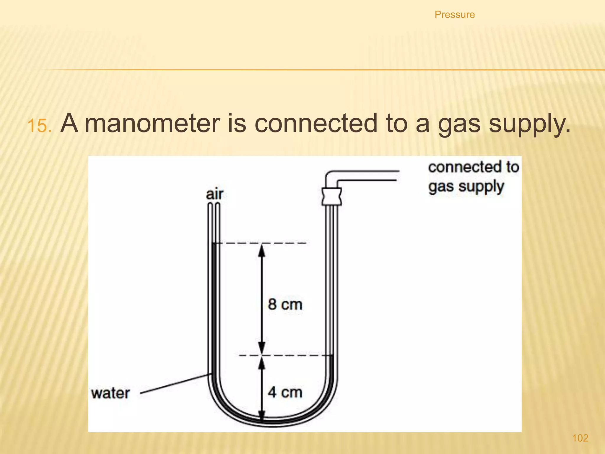 2. A manometer is used to indicate the pressure in a steel
vessel, as shown in the diagram.
Pressure
102
 