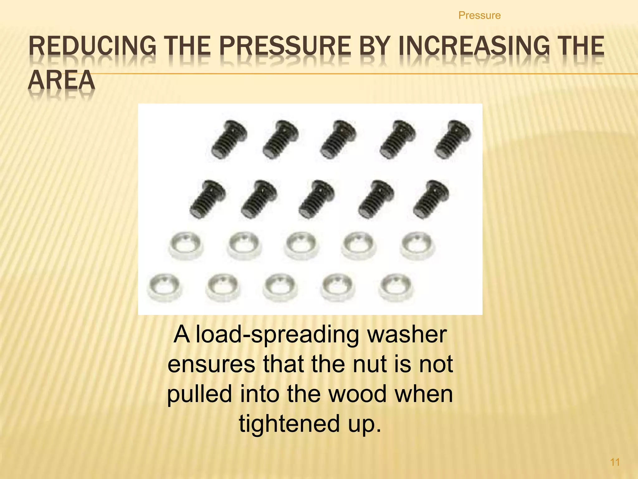 Pressure Example
Intensity of pressures exerted by a thumb and a drawing pin into a piece of
wood
Pressure
11
 