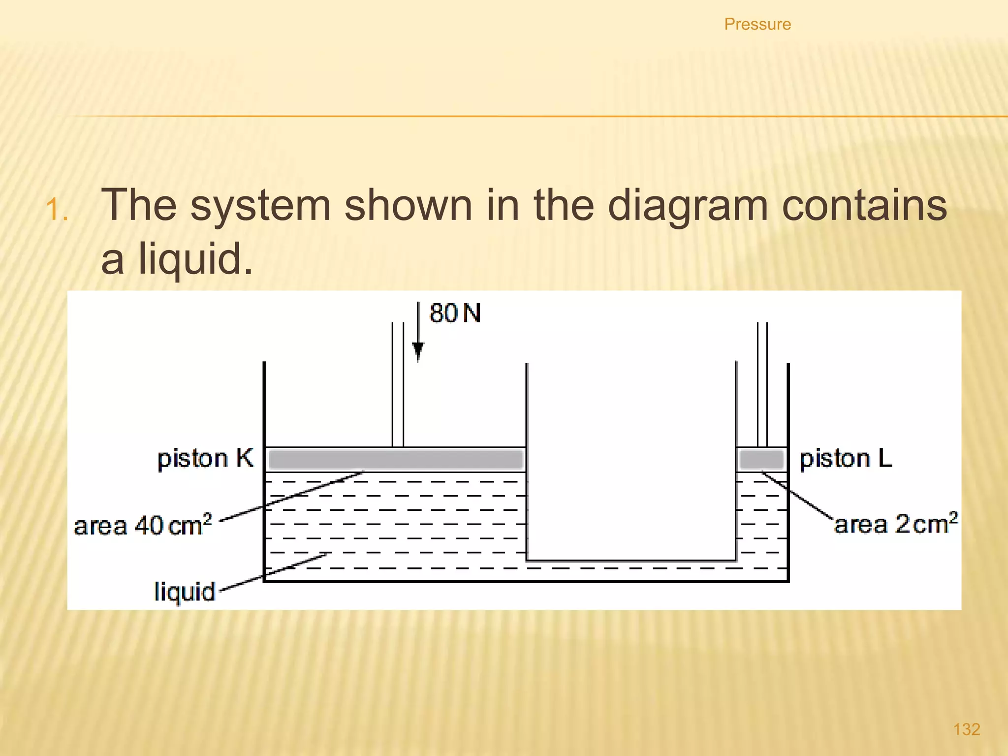 5. In figure below, the force L is 200 N and the large
piston on the right rises 1.0 cm.
Pressure
132
 