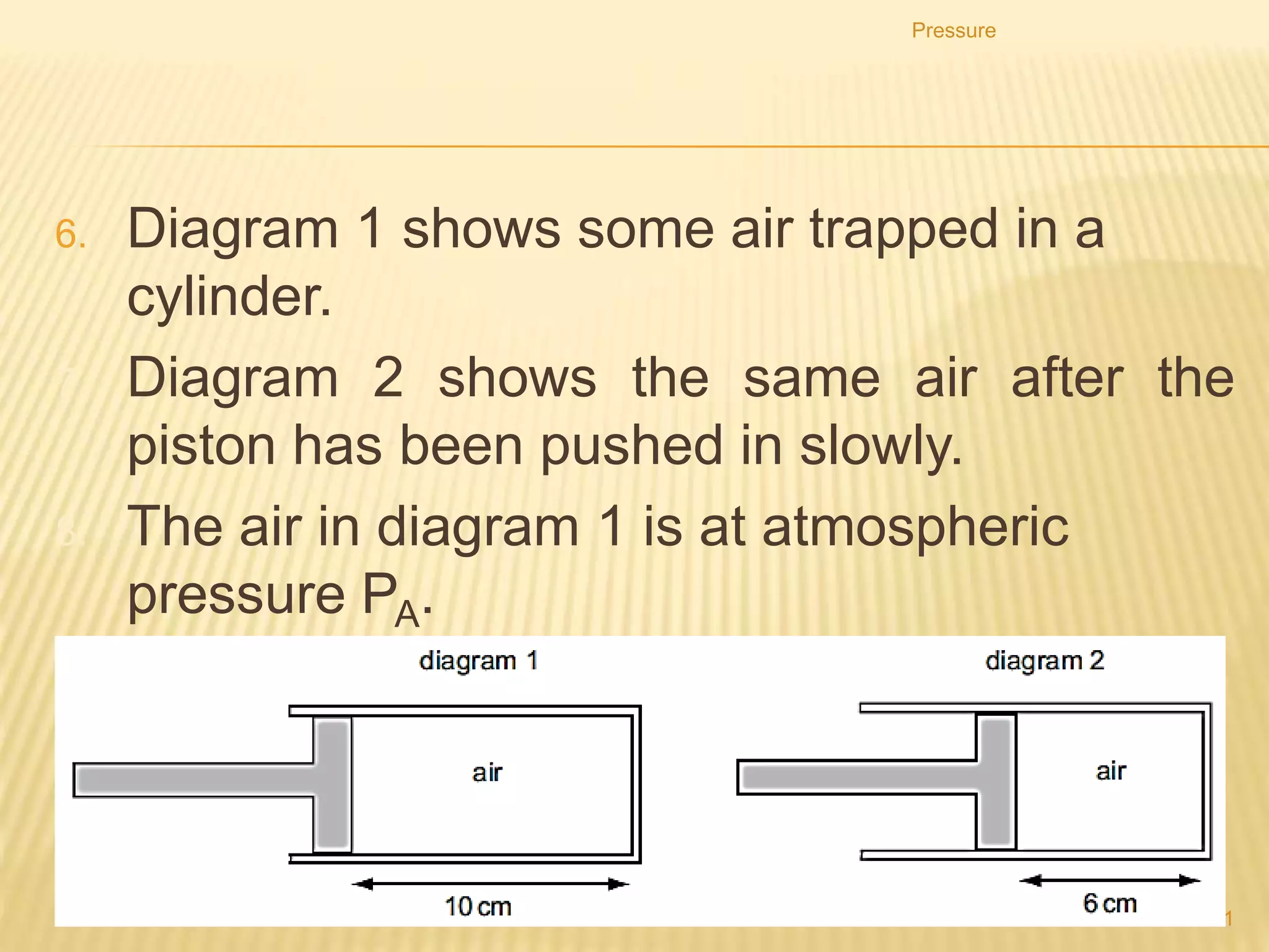 EXAMPLE
1. Calculate the unknown quantity in each of the
following changes involving a fixed mass of gas at
constant temperature.
Pressure
141
initial
pressure / Pa
initial
volume / m3
final
pressure / Pa
final
volume / m3
(a) 100 0.20 50 ?
(b) 100 0.30 ? 0.15
(c) 120 ? 100 0.60
(d) ? 0.15 60 0.45
 