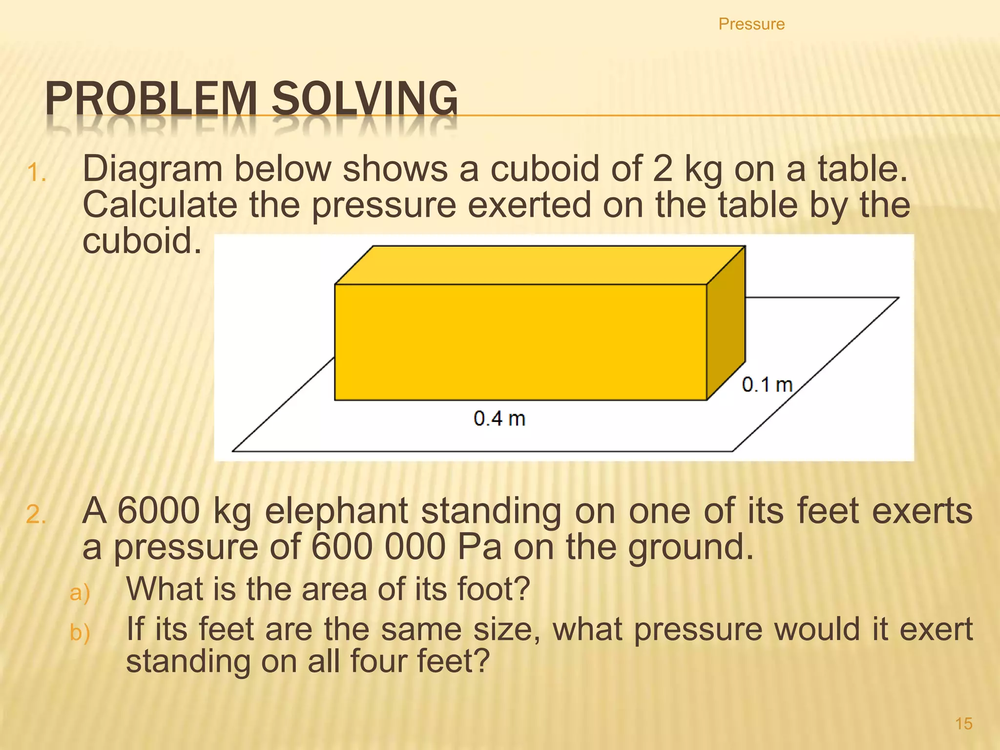 Increasing the pressure
by reducing the area
The pressure under the studs is high enough for them to sink into the ground,
which gives extra grip
Pressure
15
 