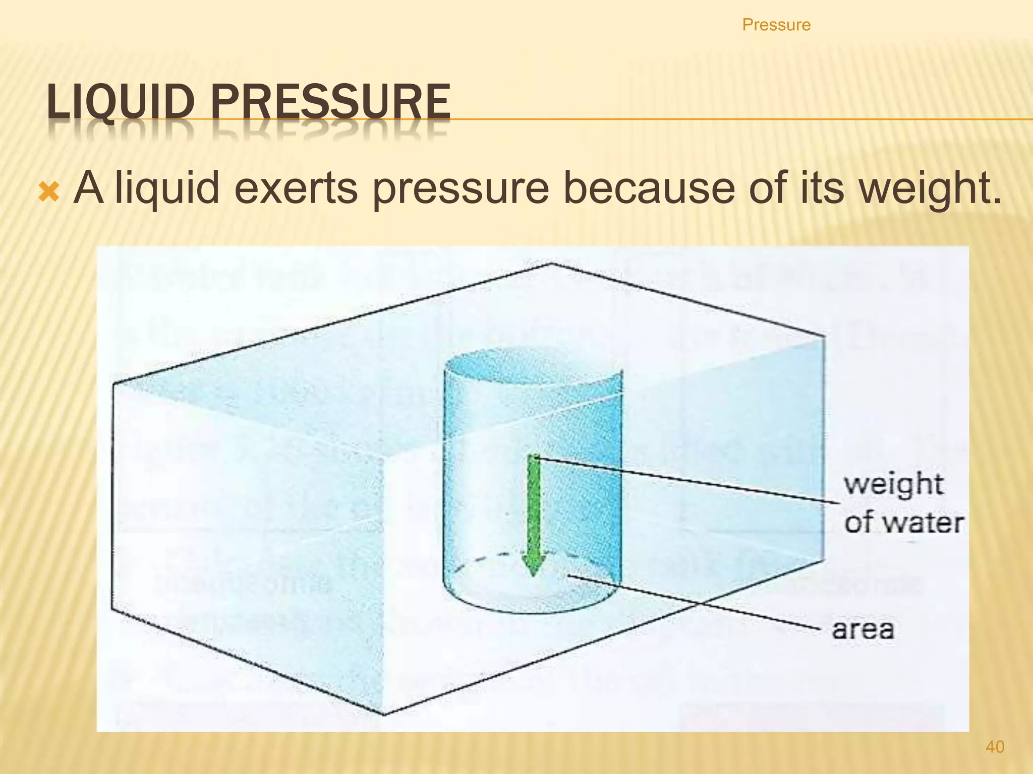 Pressure
40
1. The area of the block in contact with the table is X and
the area of the table top is Y.
2. The weight of the block is P and the weight of the table
is Q.
3. Which expression gives the pressure exerted on the
table by the block?
A
 