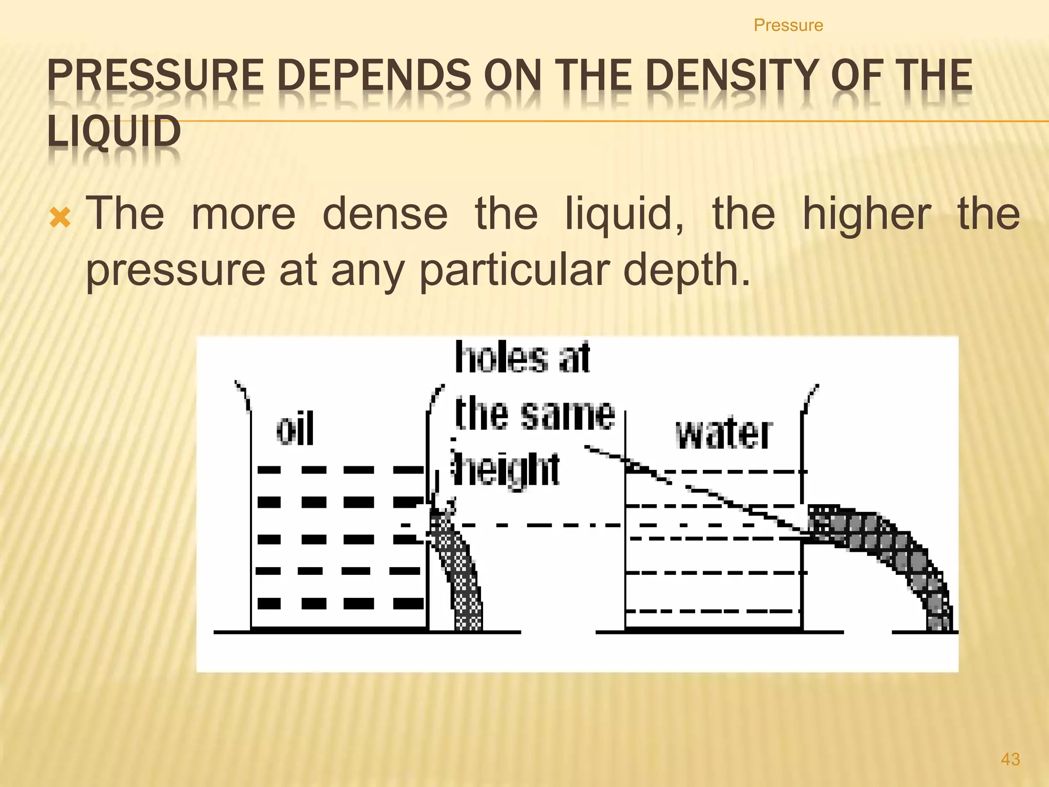Pressure
43
13. A small table weighing 40 N stands on four legs, each
having an area of 0.001 m2.
14. What is the pressure of the table on the floor?
A. 400 N/m2
B. 1000 N/m2
C. 10 000 N/m2
D. 40 000 N/m2
 