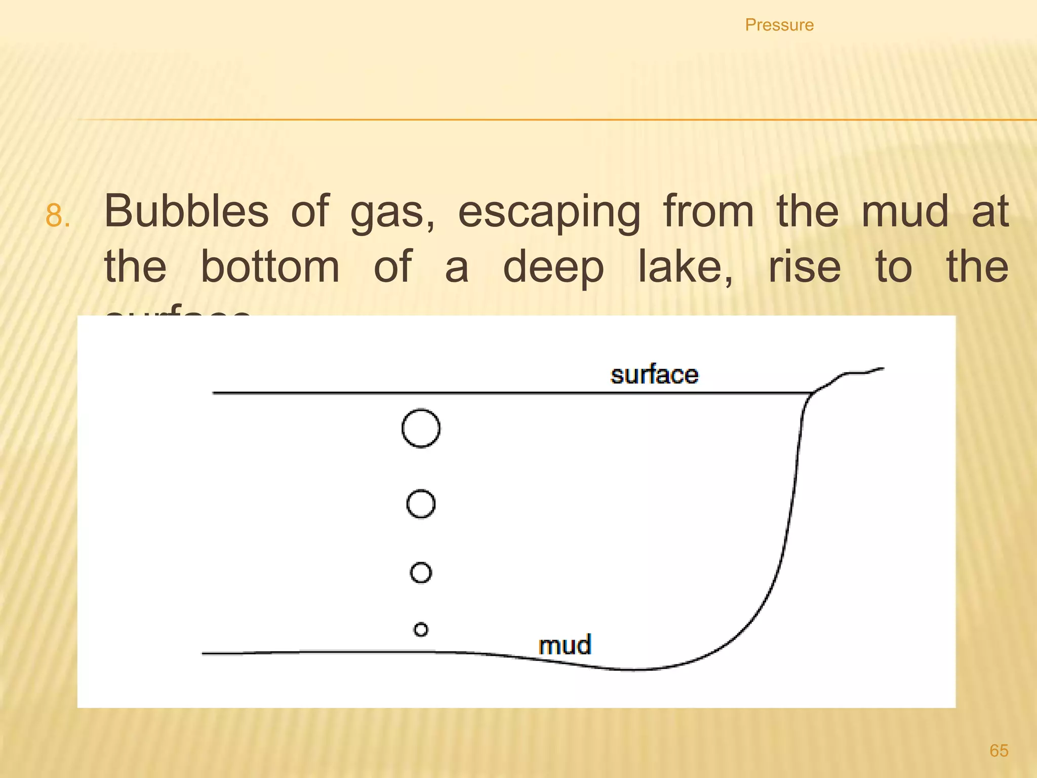 9. The diagram shows a simple mercury barometer used to
measure atmospheric pressure.
Pressure
65
Which statement is correct?
A. The pressure at P is atmospheric
pressure.
B. The pressure at P is nearly zero.
C. The pressure at Q is lower than the
pressure at P.
D. The pressure at Q is nearly zero.
 