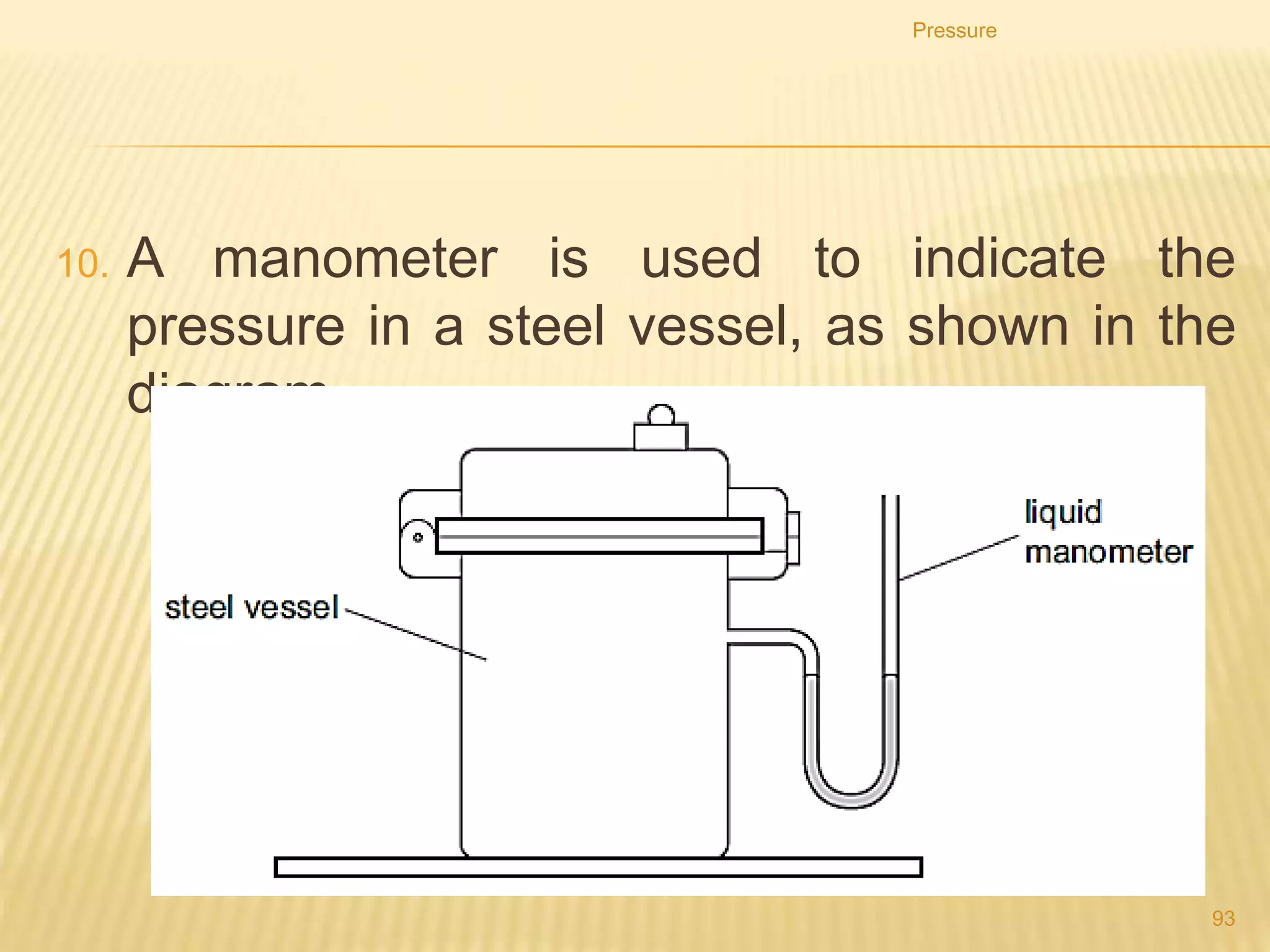 9. Four glass tanks contain water.
10. In which tank is the pressure of the water on the base
greatest?
Pressure
93
A
 