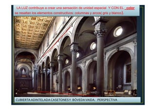 LA LUZ contribuye a crear una sensación de unidad espacial Y CON EL color
se resaltan los elementos constructivos: columnas y arcos( gris y blanco).
CUBIERTAADINTELADA CASETONESY BÓVEDAVAIDA. PERSPECTIVA
 
