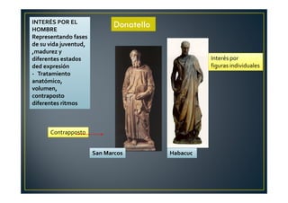 San Marcos Habacuc.
Donatello
Interés por
figuras individuales
Contrapposto
INTERÉS POR EL
HOMBRE
Representando fases
de su vida juventud,
,madurez y
diferentes estados
ded expresión
- Tratamiento
anatómico,
volumen,
contraposto
diferentes ritmos
 