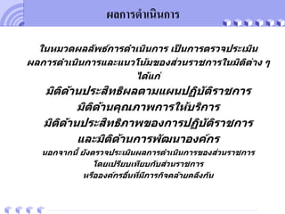 your family site
your site here
ผลการดาเนินการ
 ในหมวดผลลัพธ์การดาเนินการ เป็ นการตรวจประเมิน
ผลการดาเนินการและแนวโน้มของส่วนราชการในมิติต่าง ๆ
ได้แก่
มิติด้านประสิทธิผลตามแผนปฏิบัติราชการ
มิติด้านคุณภาพการให้บริการ
มิติด้านประสิทธิภาพของการปฏิบัติราชการ
และมิติด้านการพัฒนาองค์กร
 นอกจากนี้ ยังตรวจประเมินผลการดาเนินการของส่วนราชการ
 โดยเปรียบเทียบกับส่วนราชการ
 หรือองค์กรอื่นที่มีภารกิจคล้ายคลึงกัน
 
