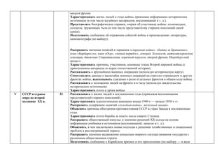 второй фронт.
Характеризовать жизнь людей в годы войны, привлекая информацию исторических
источников (в том числе музейных материалов, воспоминаний и т. д.).
Представлять биографические справки, очерки об участниках войны: полководцах,
солдатах, тружениках тыла (в том числе представителях старших поколений своей
семьи).
Подготовить сообщение об отражении событий войны в произведениях литературы,
кинематографа (по выбору)
Раскрывать значение понятий и терминов «странная война», «битва за Британию»,
план «Барбаросса», план «Оср», «новый порядок», геноцид, Холокост, антигитлеровская
коалиция, движение Сопротивления, коренной перелом, второй фронт, Нюрнбергский
процесс.
Характеризовать причины, участников, основные этапы Второй мировой войны (с
привлечением материала из курса отечественной истории).
Рассказывать о крупнейших военных операциях (используя историческую карту).
Сопоставлять данные о масштабах военных операций на советско-германском и других
фронтах войны, высказывать суждение о роли отдельных фронтов в общем ходе войны.
Рассказывать о положении людей на фронте и в тылу (используя свидетельства
исторических источников).
Характеризовать итоги и уроки войны
V СССР и страны
мира во второй
половине ХХ в.
32 Рассказывать о жизни людей в послевоенные годы (привлекая воспоминания
представителей старших поколений).
Характеризовать идеологические кампании конца 1940-х — начала 1950-х гг.
Раскрывать содержание понятий «холодная война», железный занавес.
Объяснять причины обострения противостояния СССР и стран Запада в послевоенные
годы.
Характеризовать итоги борьбы за власть после смерти Сталина.
Раскрывать общественный импульс и значение решений ХХ съезда на основе
информации учебника и источников (воспоминаний, записок и т. д.).
Объяснять, в чем заключались новые подходы к решению хозяйственных и социальных
проблем в рассматриваемый период.
Раскрывать значение выдвижения концепции мирного сосуществования государств с
различным общественным строем.
Подготовить сообщение о Карибском кризисе и его преодолении (по выбору — в виде
 