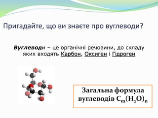 Пригадайте, що ви знаєте про вуглеводи?
Вуглеводи – це органічні речовини, до складу
яких входять Карбон, Оксиген і Гідроген
Загальна формула
вуглеводів Cm(H2O)n
 