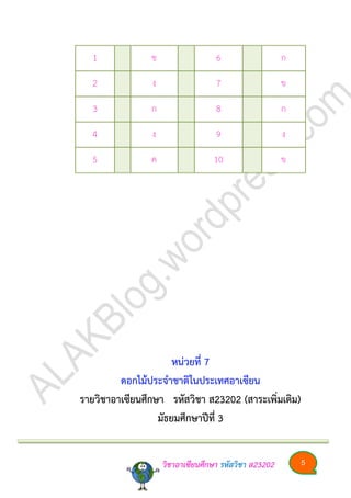 วิชาอาเซียนศึกษา รหัสวิชา ส23202 5
1 ข 6 ก
2 ง 7 ข
3 ก 8 ก
4 ง 9 ง
5 ค 10 ข
หน่วยที่ 7
ดอกไม้ประจำชำติในประเทศอำเซียน
รำยวิชำอำเซียนศึกษำ รหัสวิชำ ส23202 (สำระเพิ่มเติม)
มัธยมศึกษำปีที่ 3
 