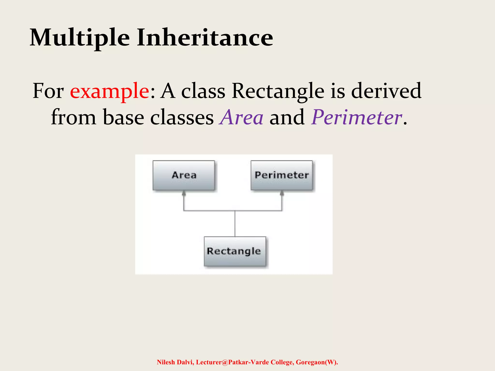 Nilesh Dalvi, Lecturer@Patkar-Varde College, Goregaon(W). Multiple Inheritance For example: A class Rectangle is derived from base classes Area and Perimeter. 