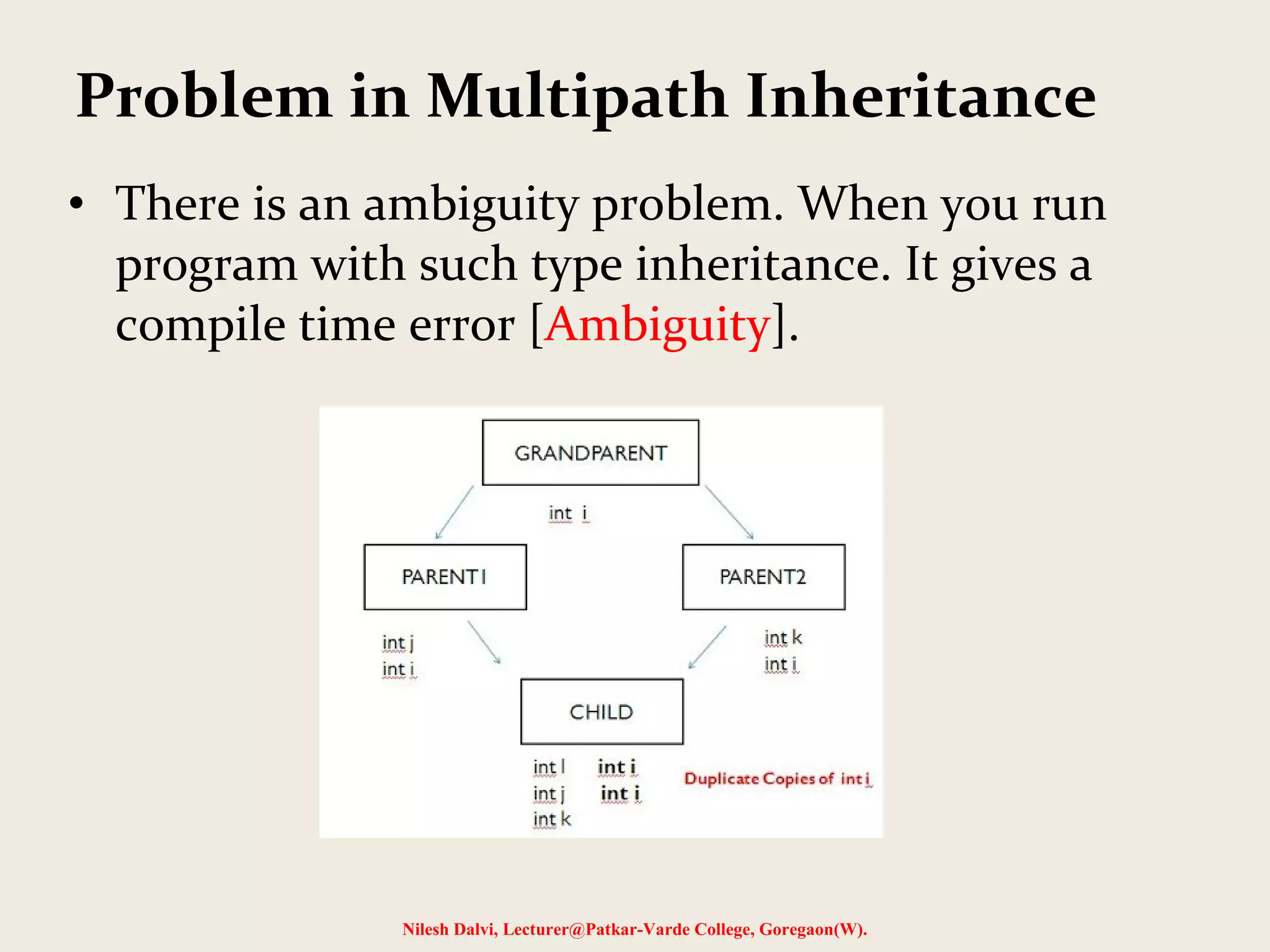 • There is an ambiguity problem. When you run program with such type inheritance. It gives a compile time error [Ambiguity]. Nilesh Dalvi, Lecturer@Patkar-Varde College, Goregaon(W). Problem in Multipath Inheritance 